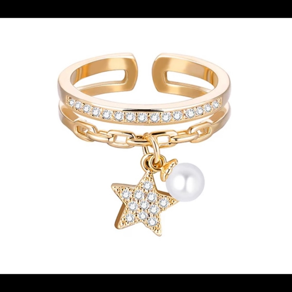 Gold Color Ring for Women Classic Adjustable Imitation Pearl CZ Star Pendant